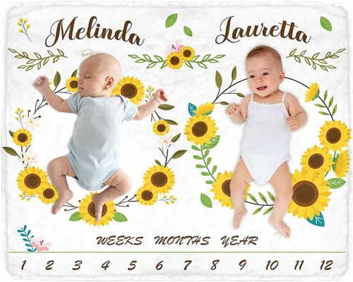 Miniatura 32 de Manta de hito para bebé personalizada con nombre, manta personalizada de flores en forma de mariposa con tabla de crecimiento calendario, manta