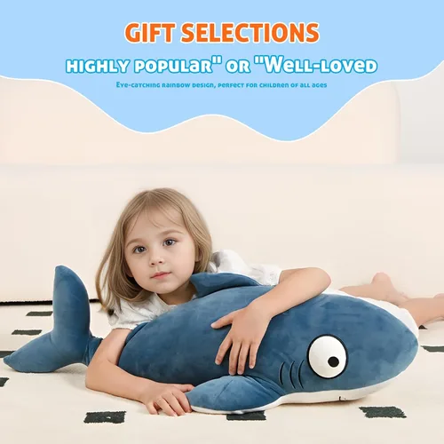 Miniatura 5 de Peluche de tiburones gigantes azules de 32 pulgadas, animales de peluche de tiburón ballena grande, almohada corporal blanda de pez marino grande