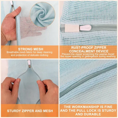 Miniatura 5 de Bolsas de lavandería de malla de algodón orgánico grandes y duraderas de 4 piezas con cremalleras resistentes y malla transpirable son delicadas Azul