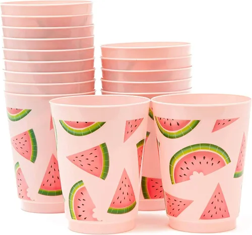 BLUE PANDA Vasos de plástico rosa para fiestas de sandía y decoraciones de sandía (vaso rosa de 16 onzas, paquete de 16)