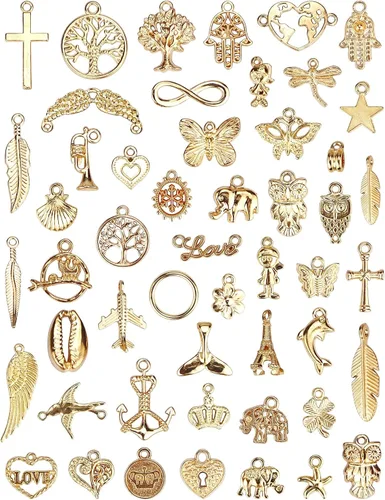 JIALEEY Venta al por mayor a granel 50 piezas mezcladas de oro encantos colgantes DIY para collar pulsera joyería fabricación y artesanía, Zinc,