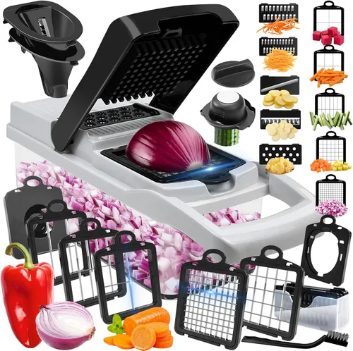 Picador de verduras, cortador de 10 cuchillas para cortar cebolla, cortador de alimentos con mandolina vegetal Multi 23 en 1 para tomate fruta, Negro