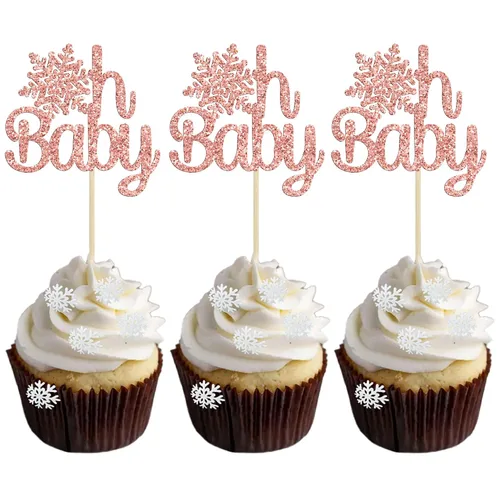 Miniatura 27 de Gyufise Paquete de 24 adornos de copos de nieve Oh Baby para cupcakes con purpurina azul Frozen Oh Baby Pick Decoraciones para baby shower