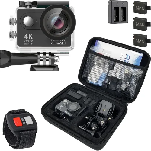 REMALI CaptureCam 4K Ultra HD y 12MP - Kit de cámara de acción deportiva impermeable con funda de transporte, 3 baterías, cargador de batería doble,
