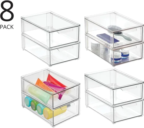 Miniatura 2 de mDesign Lumiere Collection - Organizador apilable de plástico con cajón extraíble para gabinete, tocador, estante, armario, armario u organización
