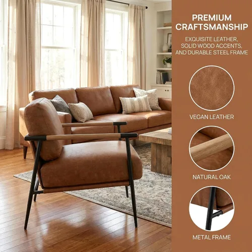 Miniatura 4 de DUOMAY Silla moderna de mediados de siglo, sillón de piel sintética marrón, silla de dormitorio con patas de metal para sala de estar, lectura