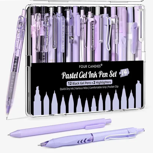 Miniatura 10 de FOUR CANDIES - Paquete de 14 bolígrafos pasteles bonitos, estéticos y retráctiles con tinta de gel negra, punta fina de 0.5 mm, incluye 2 Azul