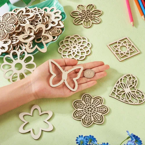 Miniatura 3 de Elecrelive - 48 piezas de madera cortadas con láser, grandes recortes de flores de madera sin terminar, piezas de madera huecas para pintura