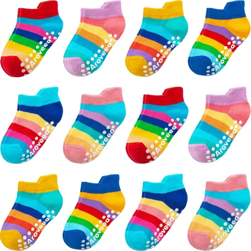 Miniatura 34 de Calcetines antideslizantes con agarre para tobillos, paquete de 12 unidades para niños pequeños, niños y niñas, lindos calcetines de algodón