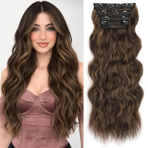 Miniatura 44 de ALXNAN Extensiones de cabello sintético largo y ondulado con clip, de 16 pulgadas, color negro natural, 4 piezas gruesas, fibra de doble trama
