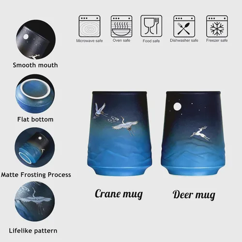Miniatura 5 de Pottery Couple - Juego de 2 tazas de café – Esmalte mate azul degradado con diseño de grúa y ciervo, tazas de café hechas a mano para decoración