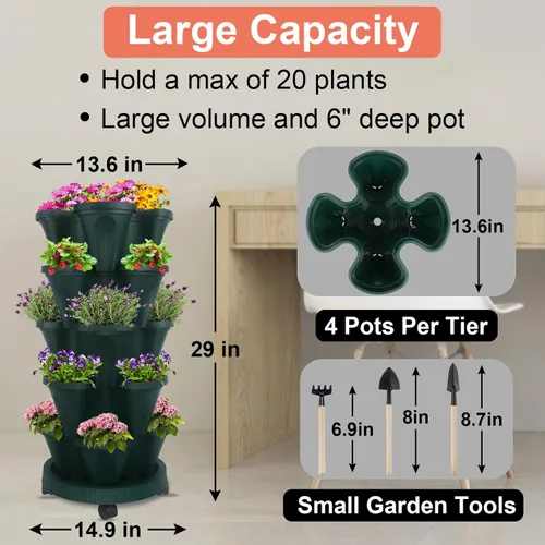 Miniatura 3 de Macetas apilables de polipropileno DUNCHATY, de 5 niveles, verde pino, para interior/exterior, 29" de altura x 13.6" de diámetro 2-1 Paquete