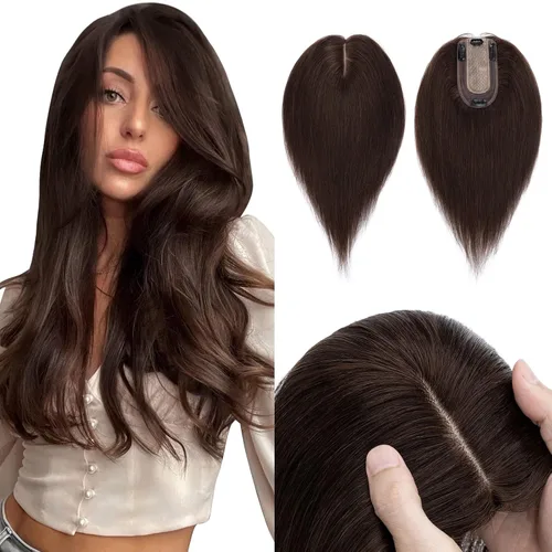 Miniatura 14 de Hairro Toppers de cabello humano 100% real para mujeres sin flequillo, postizos de cabello real con clip, base de seda transpirable para cubrir