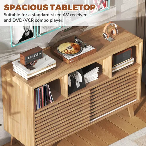 Miniatura 7 de Soporte grande para tocadiscos de 47 pulgadas con puertas corredizas, moderno gabinete de almacenamiento de discos de vinilo de mediados de siglo