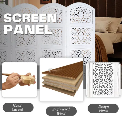 Miniatura 5 de Panel de pantalla de madera para divisor de habitación, blanco, plegable de 4 paneles de 64 x 48 pulgadas, tallado a mano, partición de privacidad