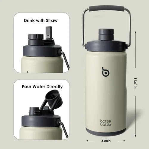 Miniatura 4 de BOTTLE BOTTLE Botella de agua aislada de 64 onzas con popote y tapa de doble uso, jarra de agua de medio galón, acero inoxidable al vacío para Gris