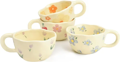 Miniatura 13 de Koythin 2 Piezas de Tazas de Café de Cerámica, Taza Creativa Linda con Flores para Oficina y Hogar, Taza Estética de 8.5 oz/250 ml para Café con 2