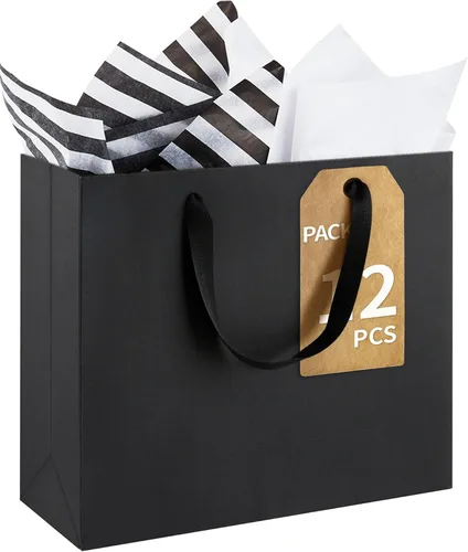 Miniatura 10 de Ohuimrt 6 bolsas grandes de regalo negras con asas, 12.5 x 4.5 x 11 pulgadas, bolsas de papel negro mate de alta calidad para fiestas, compras