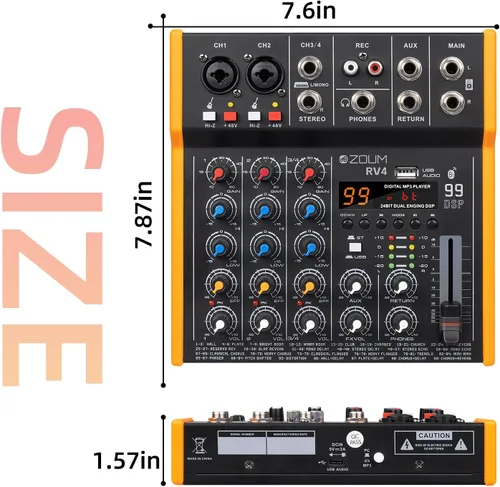 Miniatura 9 de Mezclador profesional de audio DJ de 4 canales, interfaz mezclador de sonido musical con alimentación fantasma de 48 V, Bluetooth, interfaz de audio