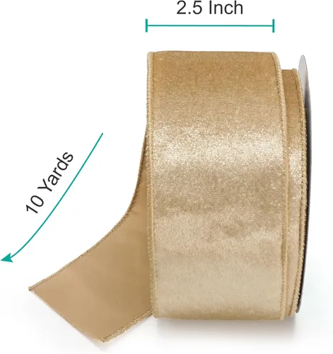 Miniatura 5 de Cinta de terciopelo dorado champagne de 2.5 pulgadas x 10 yardas para adorno de árbol de Navidad, decoración del hogar, corona, envoltura