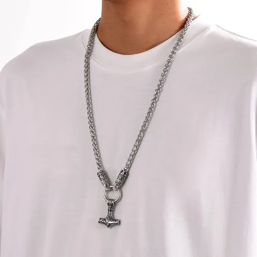 Miniatura 2 de FaithHeart Collar punk nórdico vikingo para hombre, collar grueso, acero inoxidable, Mjolnirnudo celta, cabeza de lobo, colgante de amuleto, joyería