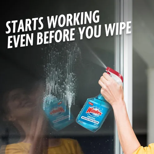 Miniatura 4 de Windex Spray limpiador de vidrio y ventanas, botella hecha de plástico 100% reciclado, espray de limpieza de superficies, aroma azul original, 23