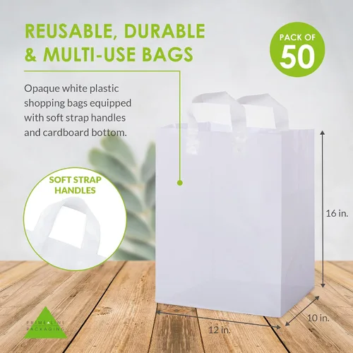 Miniatura 2 de Bolsas de plástico blancas Prime Line Packaging, bolsas de regalo para compras con asas para pequeñas empresas, comestibles, servicio de alimentos