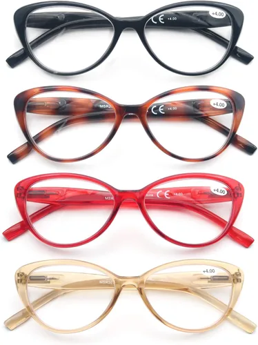 Gafas de Lectura para Mujeres, Ligeras y Elegantes, Lindas Lentes para Leer con Bisagras de Resorte, Juego de 4 Pares