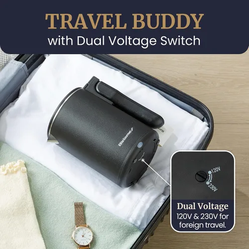 Miniatura 2 de Elite Gourmet - Hervidor eléctrico de doble voltaje 120-230V, viaje con aislamiento de doble pared de tacto frío, 0.6L, hervidor eléctrico de acero