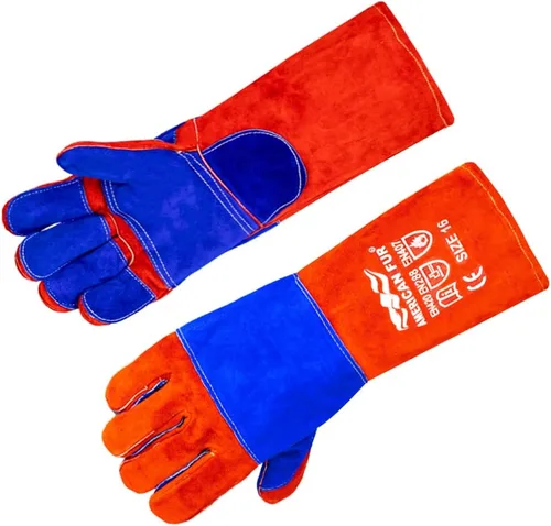 Miniatura 9 de Guantes de cuero para soldadura/barbacoa, 16 pulgadas, negro-gris, resistentes al calor/fuego, guantes