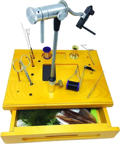 Miniatura 2 de Creative Angler Estación de atado de moscas de madera con tornillo de banco giratorio, herramientas de atado de moscas y materiales de atado