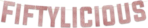 Miniatura 12 de Cartel Fiftylicious con purpurina negra preencordada, divertidas decoraciones de cumpleaños 50 y aniversario para hombres y mujeres, suministros