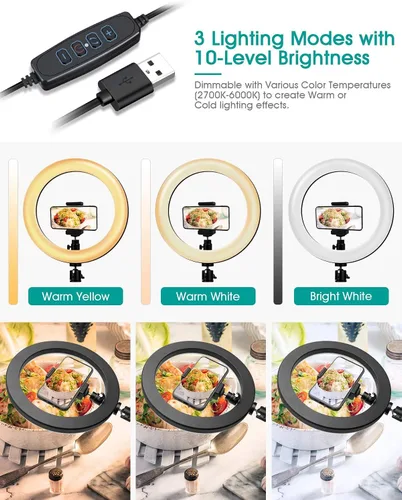 Miniatura 2 de Soporte de teléfono de disparo de ángulo alto 2 en 1 con anillo LED regulable de 10 pulgadas para grabación de cocinero, dibujo de caligrafía