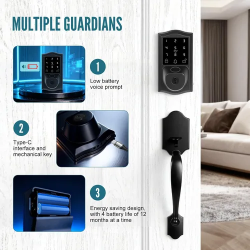 Miniatura 5 de Juego de cerraduras inteligentes para puerta delantera con huellas dactilares con asa, control remoto con aplicación WiFi integrada y guía de voz