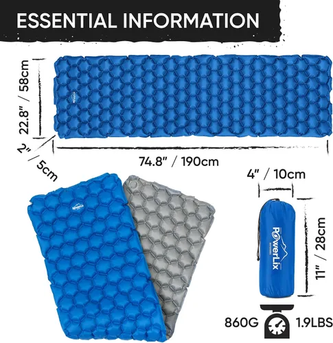 Miniatura 7 de Powerlix - Colchoneta inflable ultraligera y compacta con bolsa de inflado, bolsa de transporte y kit de reparación, ideal para acampar, mochilero