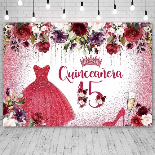 Miniatura 2 de Telón de fondo de feliz cumpleaños número 15 para niña, quinceañera, flores rojas burdeos, fondo de fotografía, corona roja, decoración de fiesta