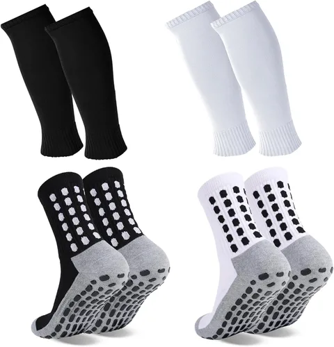Miniatura 12 de ZXOLDZX 2 Juego de Calcetines de Agarre para Fútbol con Mangas de Protector de Espinilleras, Calcetines de Espinillera para Piernas sin