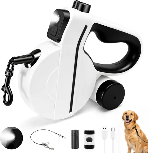 Correa retráctil para perro con luz LED y cinta reflectante para paseo nocturno, correa de perro de 16 pies con dispensador de bolsas de