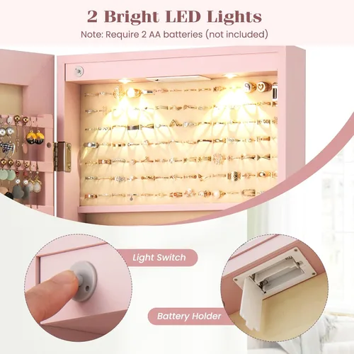 Miniatura 50 de Giantex Armario de joyería para puerta de pared con espejo de longitud completa, 2 LED con cerradura grande organizador de joyas con espejo ancho