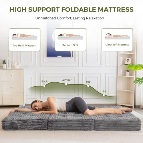 Miniatura 9 de MAXYOYO Colchón plegable con asas, colchón de piso de 6 pulgadas, sofá cama de triple pliegue, cama plegable de pelo sintético suave con relleno