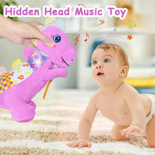 Miniatura 4 de Juguete de peluche suave de dinosaurio para bebés de 0-3-6-12+ meses, juguete musical infantil con sonajero, chirriante, arruga sensorial, mordedor