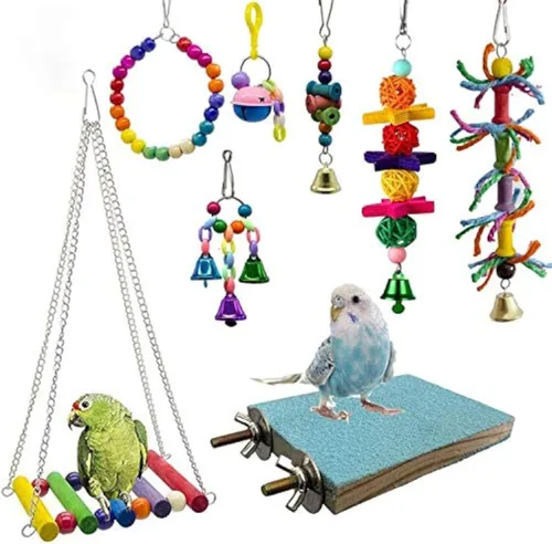 Deloky Paquete de 8 juguetes para masticar con columpio para pájaros, hamaca de loro, juguetes adecuados para periquitos pequeños, cacatúas,