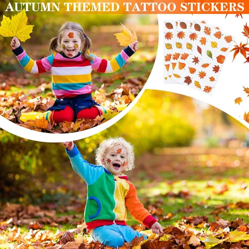Miniatura 6 de Nosiny 240 tatuajes temporales con purpurina de otoño, calcomanías de hojas de arce, calcomanías de tatuaje de otoño con hojas de otoño, tatuajes
