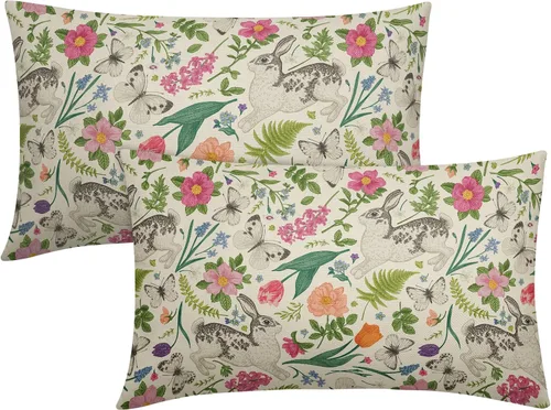 Miniatura 31 de Juego de 2 fundas de almohada de primavera de 16 x 16 pulgadas, diseño de conejo, flores rosas, hojas verdes salvia, plantas botánicas vintage