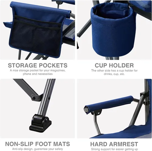 Miniatura 5 de EVER ADVANCED Silla de campamento plegable de gran tamaño, para adultos, silla de césped resistente con bolsillos laterales, silla cuádruple Azul