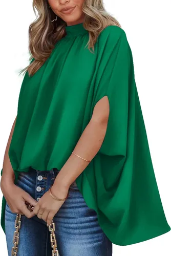Miniatura 86 de BTFBM Blusas de verano para mujer, cuello alto falso, manga murciélago, holgadas, dobladillo alto y bajo, blusas informales de gran