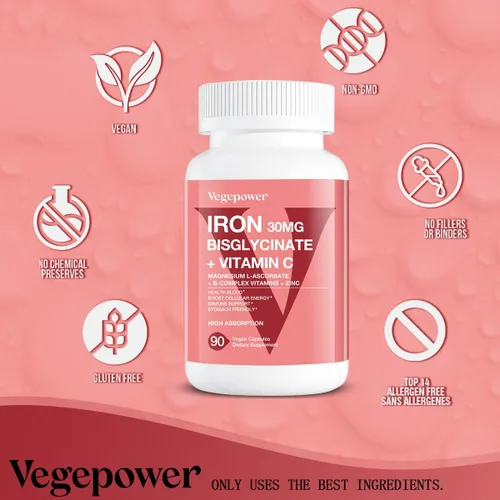 Miniatura 8 de Suplementos de hierro para mujeres y hombres, bisglicinato de hierro vegano 30mg más vitamina C, B12, ácido fólico - pastillas de hierro