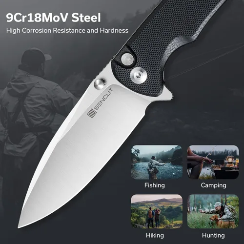 Miniatura 5 de Navaja de bolsillo plegable SENCUT Sachse para EDC, mango G10 negro satinado, hoja 9Cr18MoV de 9Cr18MoV plegable, navaja pequeña con clip, cierre