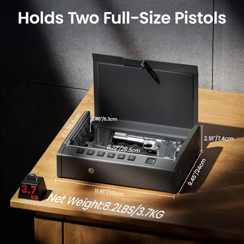 Miniatura 4 de Grimtron Caja fuerte biométrica resistente para pistola de 8.2 libras, caja fuerte para pistolas de acceso rápido con 100 huellas dactilares