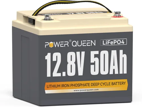 Power Queen - Batería Pro LiFePO4 de 12V 50Ah, batería de litio-hierro de 640Wh con BMS de 50A, hasta 15000+ ciclos recargables, portátil y ligera